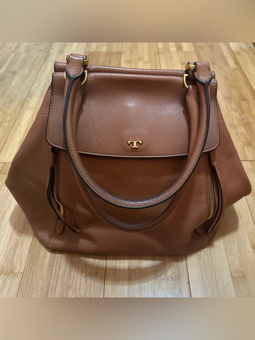 Tory Burch half moon Cognac Leather Double-Handle Shoulder Bag - Picture 2 of 11